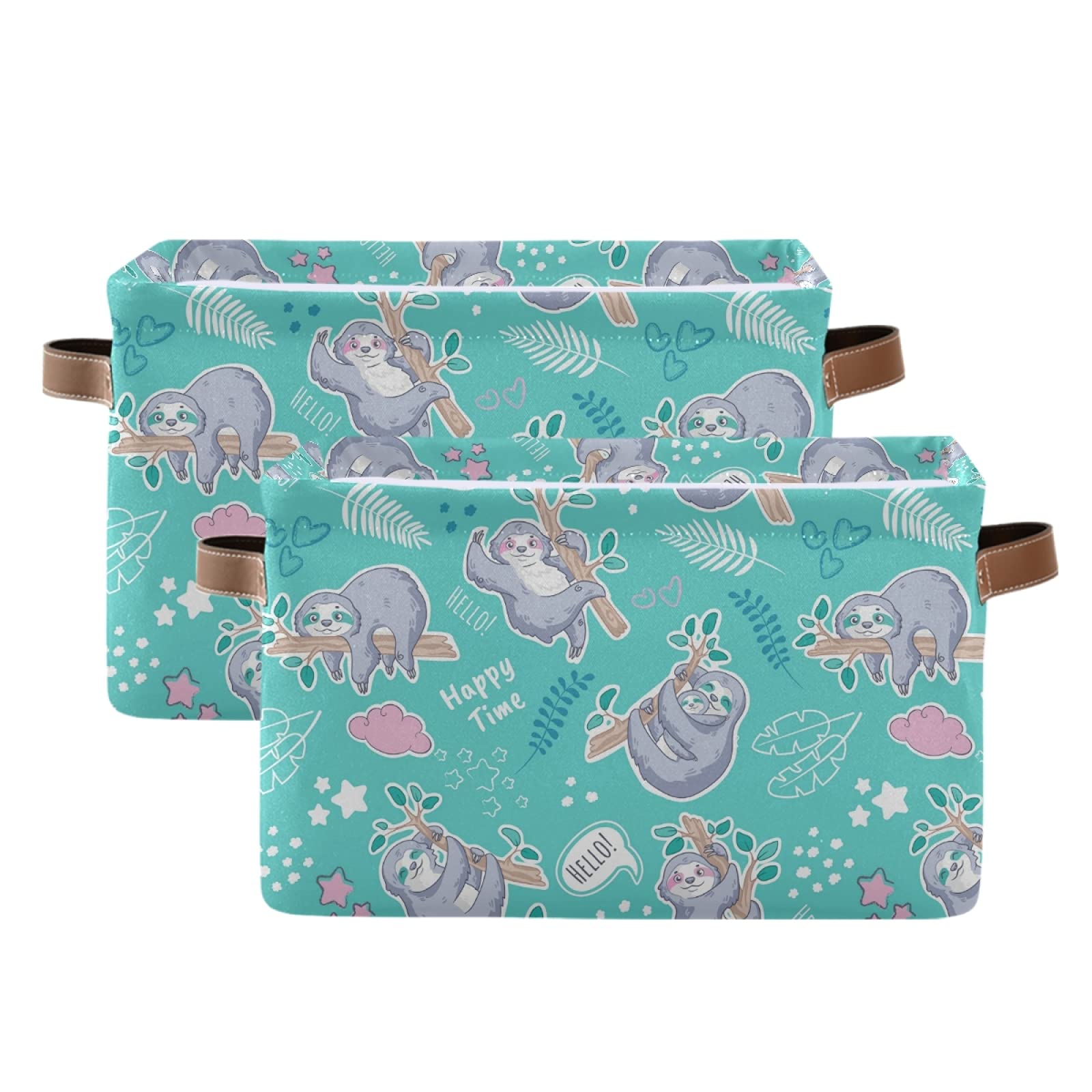 Large Sloth Storage Baskets 2-Pack - Collapsible Canvas Cube Organizer Bin for Home, Office & Closet (15