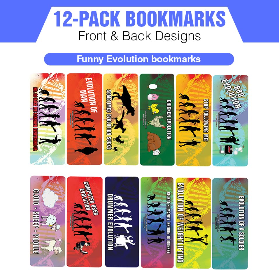 Creanoso Funny Evolution Bookmarks (2 Sets of 6 Cards) - Inspirational Daily Quote Cards - Unique Book Page Clips - Perfect Gift for Book Lovers, Adults & Teens - Great for Reading, Study Motivation & Gift Giving