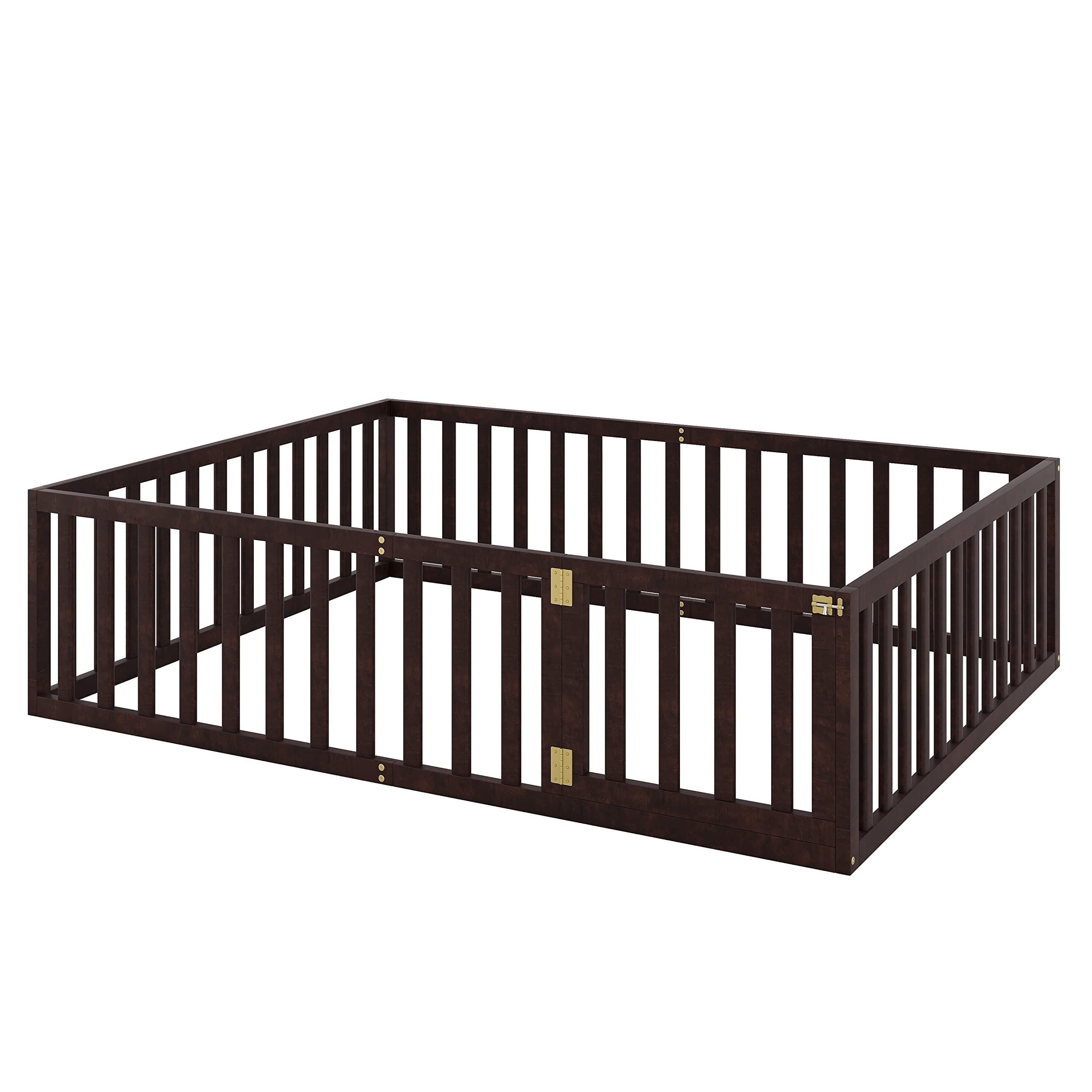 MERITLINE Queen Size Wooden Bed Frame with Safety Fence & Door - Montessori Floor Bed for Kids 6+ Years - Easy Assembly - No Box Spring Needed (Walnut) - Perfect for Toddler Rooms, Daycare Centers & Montessori Classrooms