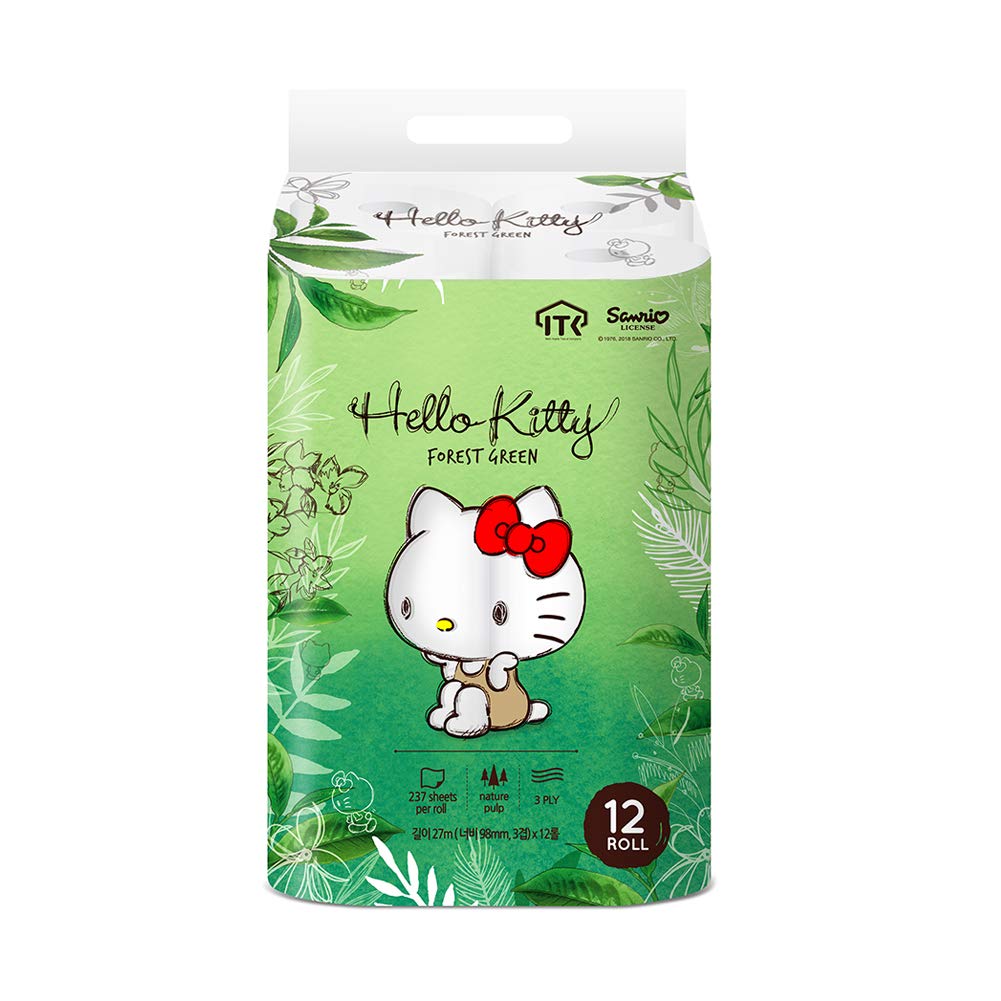 Hello Kitty Forest Green Toilet Paper - 100% Natural Wood Pulp, 3-Ply Ultra Soft, 24 Rolls (2 Packs of 12) - Cute Bathroom Tissue for Kawaii Home Decor, Kitty Lover Gift & Japanese Style Toilet Paper Holder Accessory