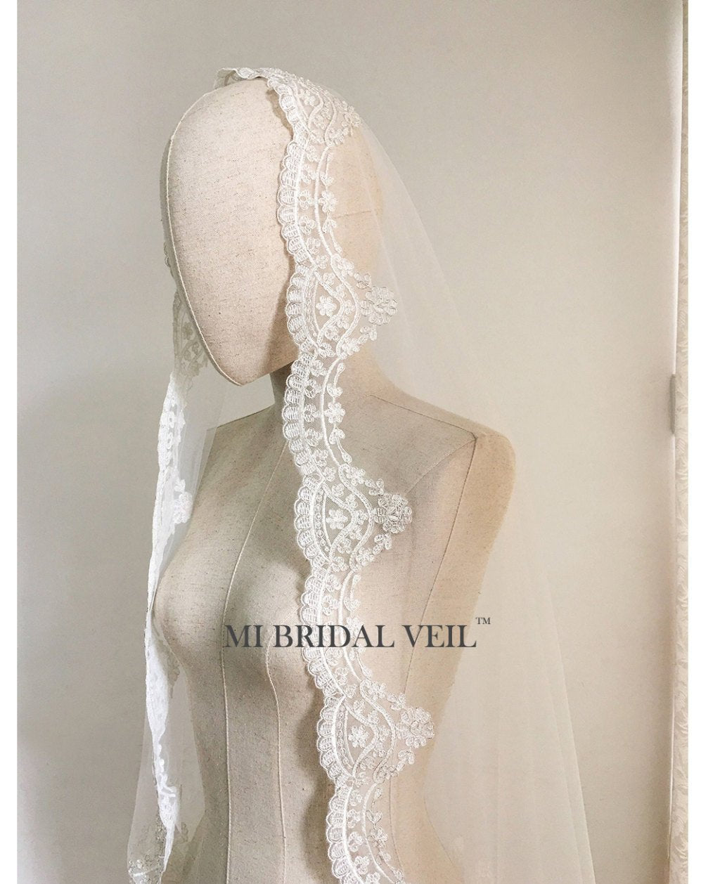 Handmade Vintage Inspired Mantilla Lace Wedding Veil - Hip Length Bridal Veil for Church Ceremony & Romantic Photos