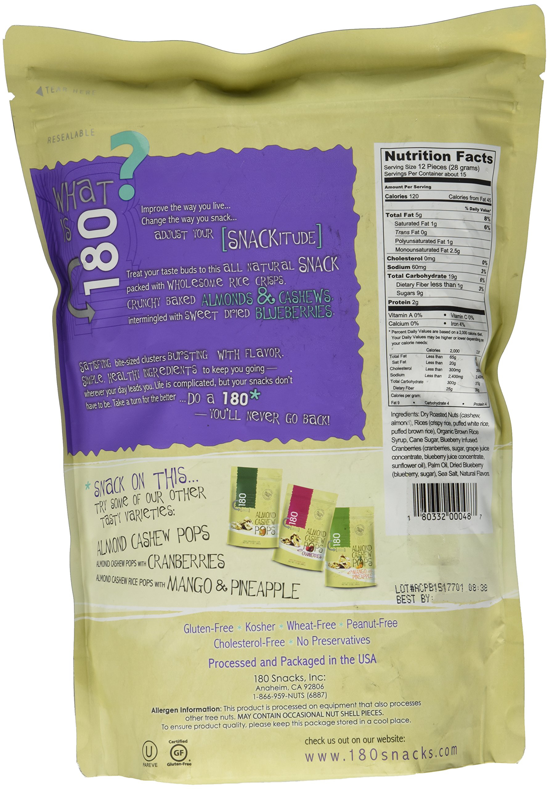 180 All Natural Gluten Free Almond Pops Snacks - 15oz Blueberry Flavor | Healthy Keto & Vegan Friendly Snack for Office, Travel & Kids Lunch Box