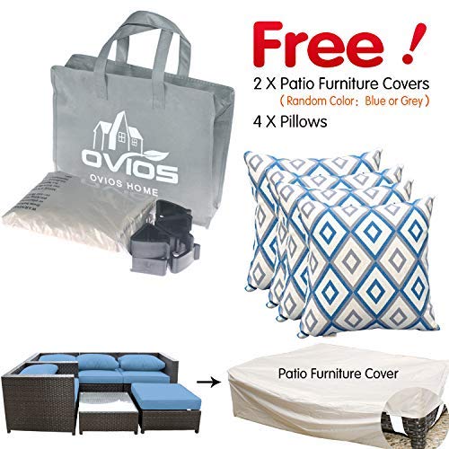Ovios 12-Piece Patio Furniture Set - Outdoor Wicker Rattan Sofa Set with Blue Cushions, Fully Assembled Brown Rattan Furniture for Garden, Poolside & Backyard Relaxation