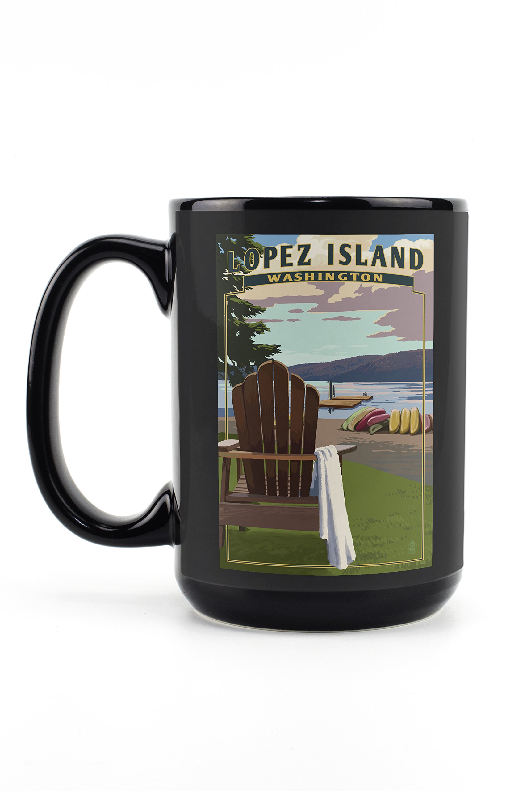 Lopez Island Washington Adirondack Chairs 15oz Black Ceramic Coffee Mug - Microwave & Dishwasher Safe - Perfect for Home, Office & Outdoor Use