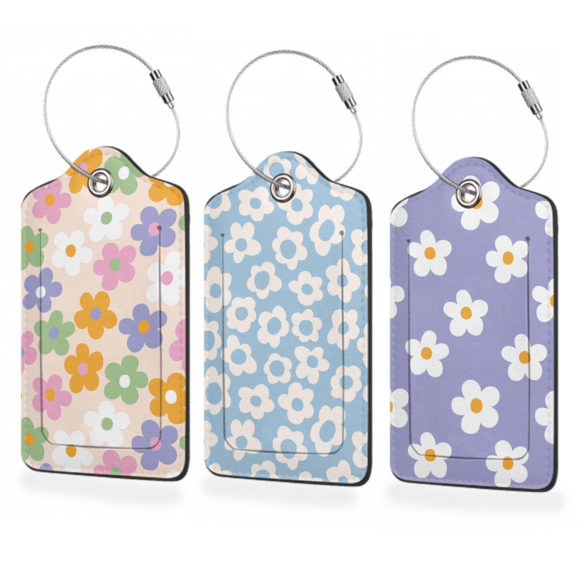 3 Pack Leather Luggage Tags with Privacy Cover - Vintage Groovy Flowers Design, Durable Steel Loop & Name/Address Labels for Travel Bags & Suitcases - Perfect for Men & Women Travelers (Airport, Cruise, Business Trips)