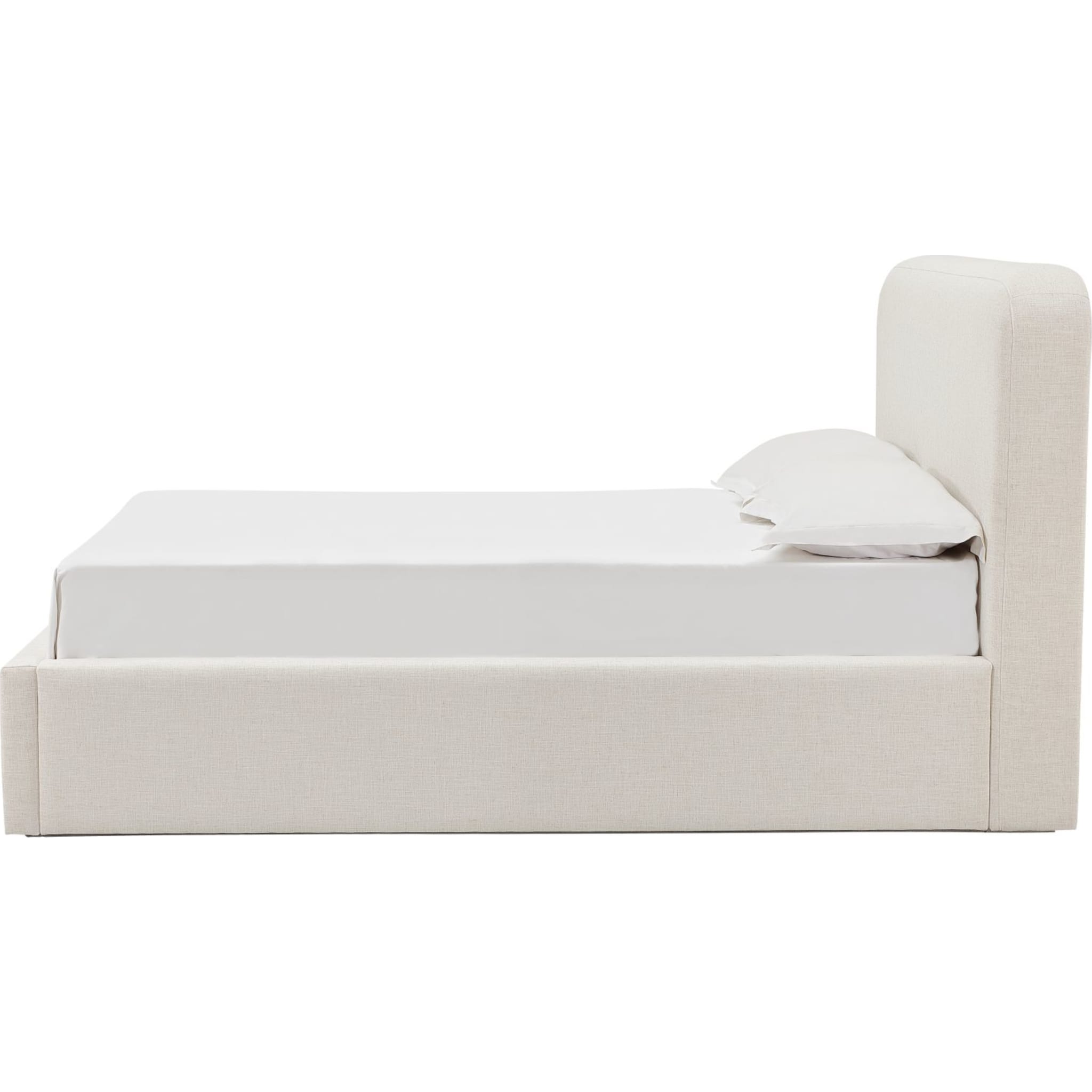 Off White Upholstered Bed with Headboard - Honey Finish Queen Size Bed Frame for Modern Bedroom Decor | Perfect for Master Bedrooms, Guest Rooms & Apartments