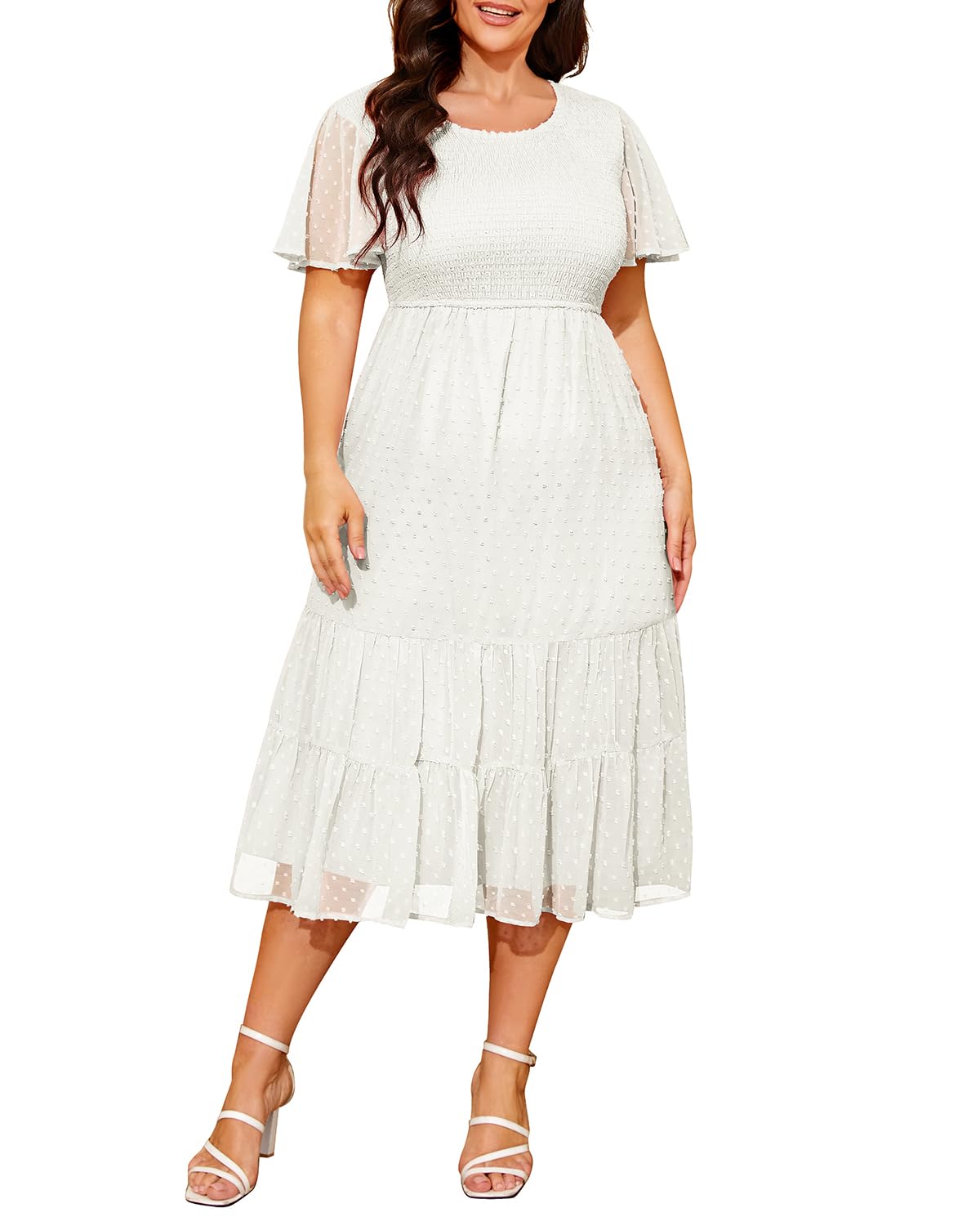 Plus Size Summer Casual Flutter Short Sleeve Smocked Midi Dress - Swiss Dot Flowy Tiered Dress for Women | Perfect for Beach Vacations, Garden Parties & Date Nights