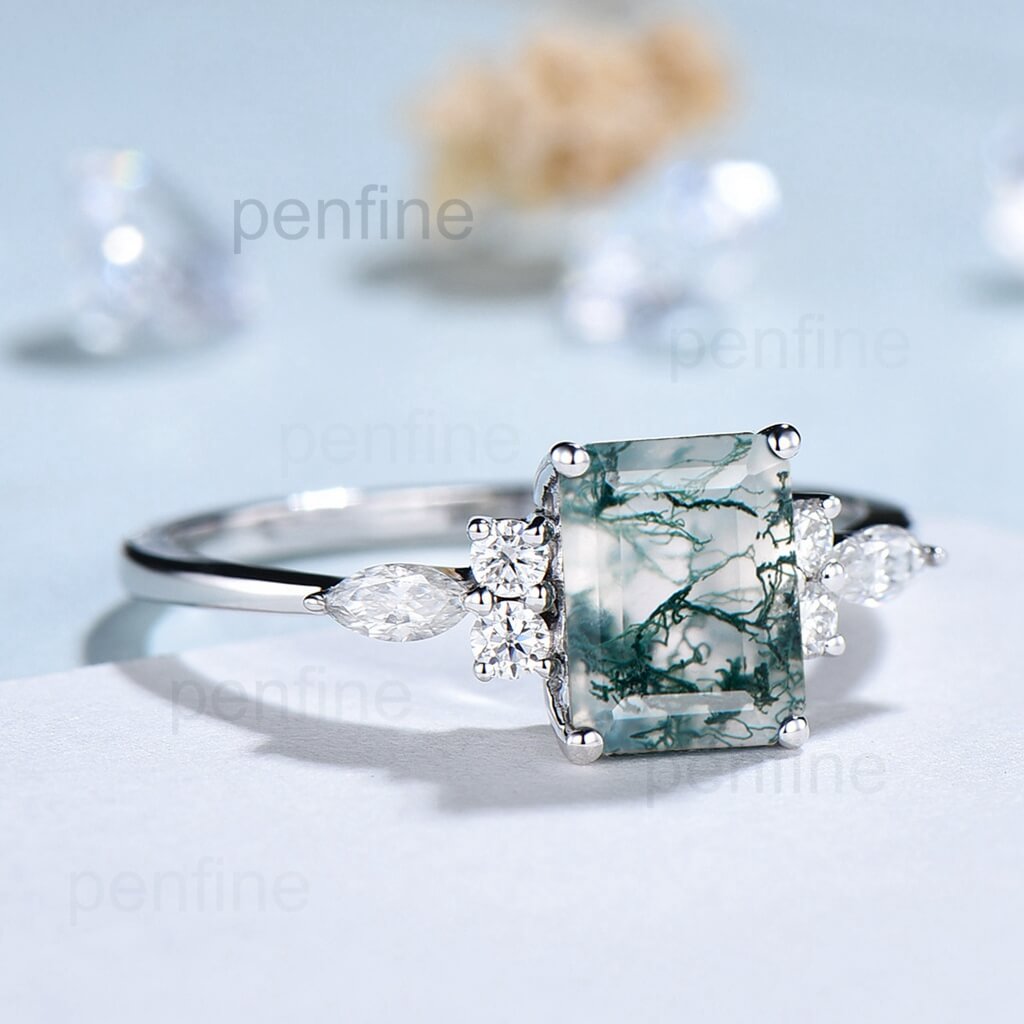 Vintage Emerald Cut Moss Agate Engagement Ring with Moissanite Accents - Perfect for Wedding Proposals, Anniversary Gifts & Bridal Jewelry