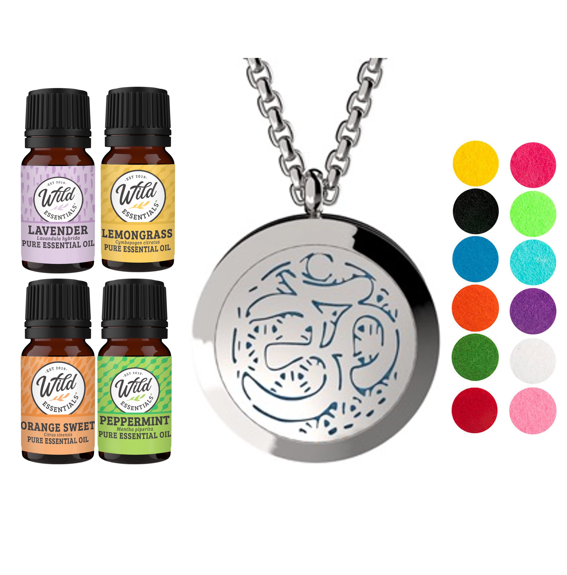 Wild Essentials Aum Om Necklace Essential Oil Diffuser Kit - 4 Aromatherapy Oils (Lavender, Lemongrass, Peppermint, Orange) with 12 Refill Pads - Calming Customizable Color Changing Perfume Jewelry - Perfect for Meditation, Yoga & Stress Relief
