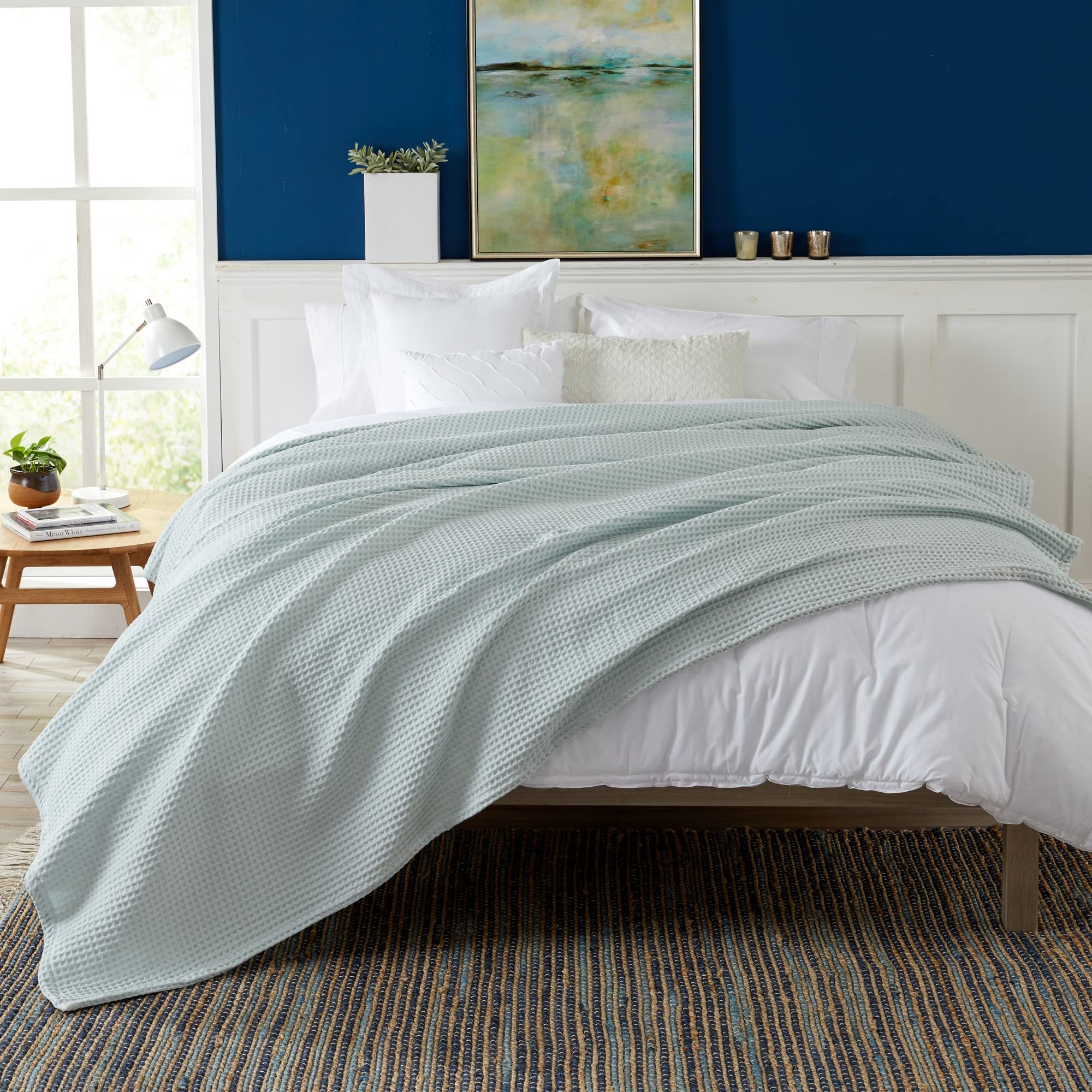 100% Cotton Waffle Weave Blanket - Ultra Soft & Breathable All Season Bedding | King Size Lightweight Throw for Bed, Sofa & Travel | Brielle Collection in Icy Blue | Perfect for Cozy Nights, Guest Rooms & Layering