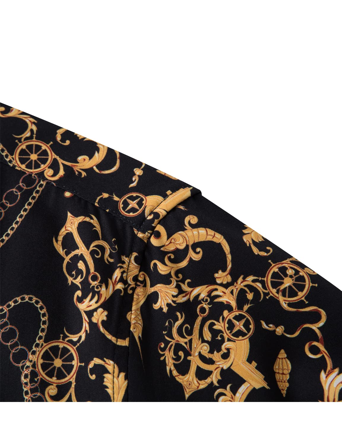 Men's Black & Gold Luxury Dress Shirt - Short Sleeve Baroque Chain Print Button Down Shirt | Formal & Casual Wear for Parties, Weddings & Office