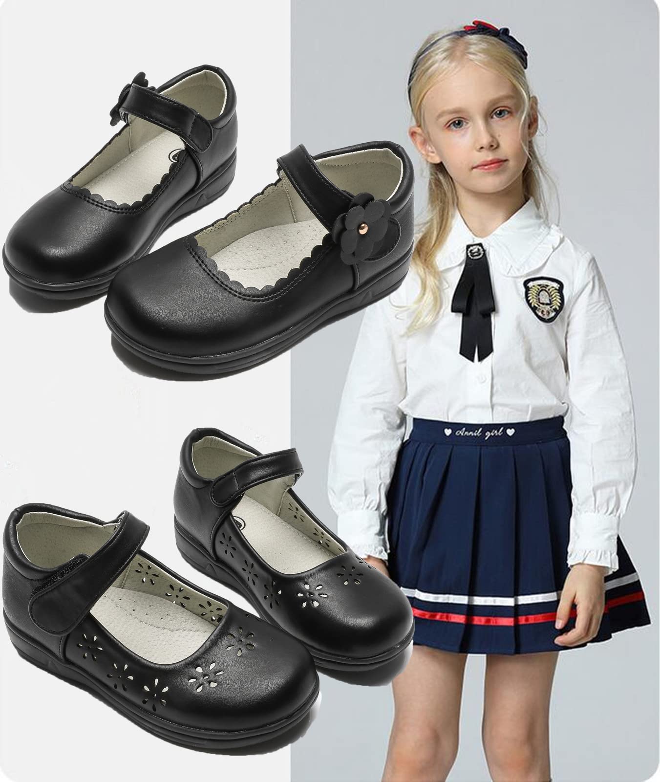 DADAWEN Girls Mary Jane Flats - Comfortable School Uniform Shoes with Adjustable Strap for Toddler, Little Kid & Big Kid - Perfect for Dress Up, School & Special Occasions