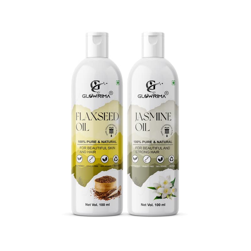 Glowrima 100% Pure Flaxseed Oil & Jasmine Oil Combo (100ML Each) - Promotes Rapid Hair Growth, Reduces Hair Fall & Split Ends for Softer, Shinier Hair - Pack of 2 - Perfect for Daily Hair Care & Scalp Massage