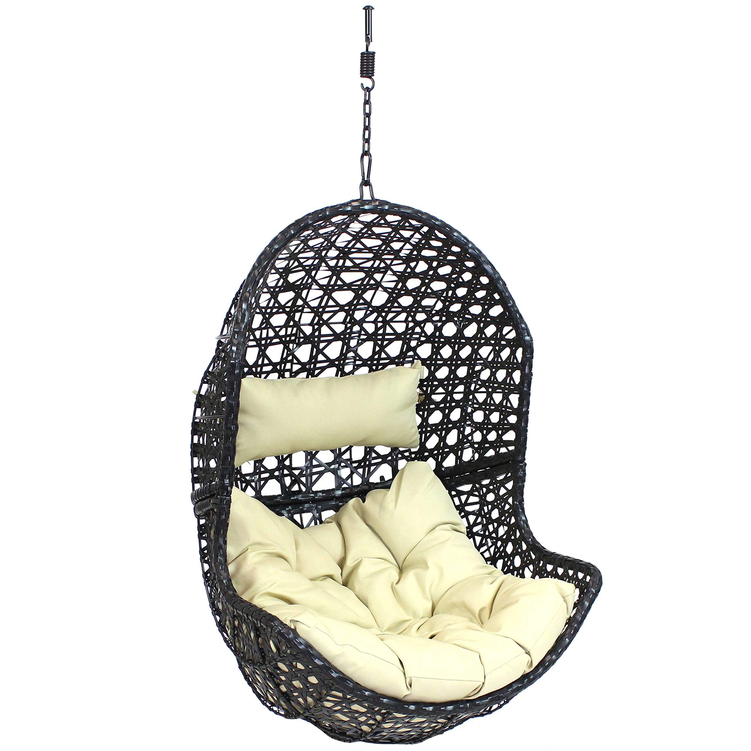 Sunnydaze Lauren Hanging Egg Chair - Outdoor Patio Swing Chair with Beige Cushion, Boho Style Resin Wicker Basket Design - Perfect for Porch, Deck, Balcony, Garden & Backyard Relaxation