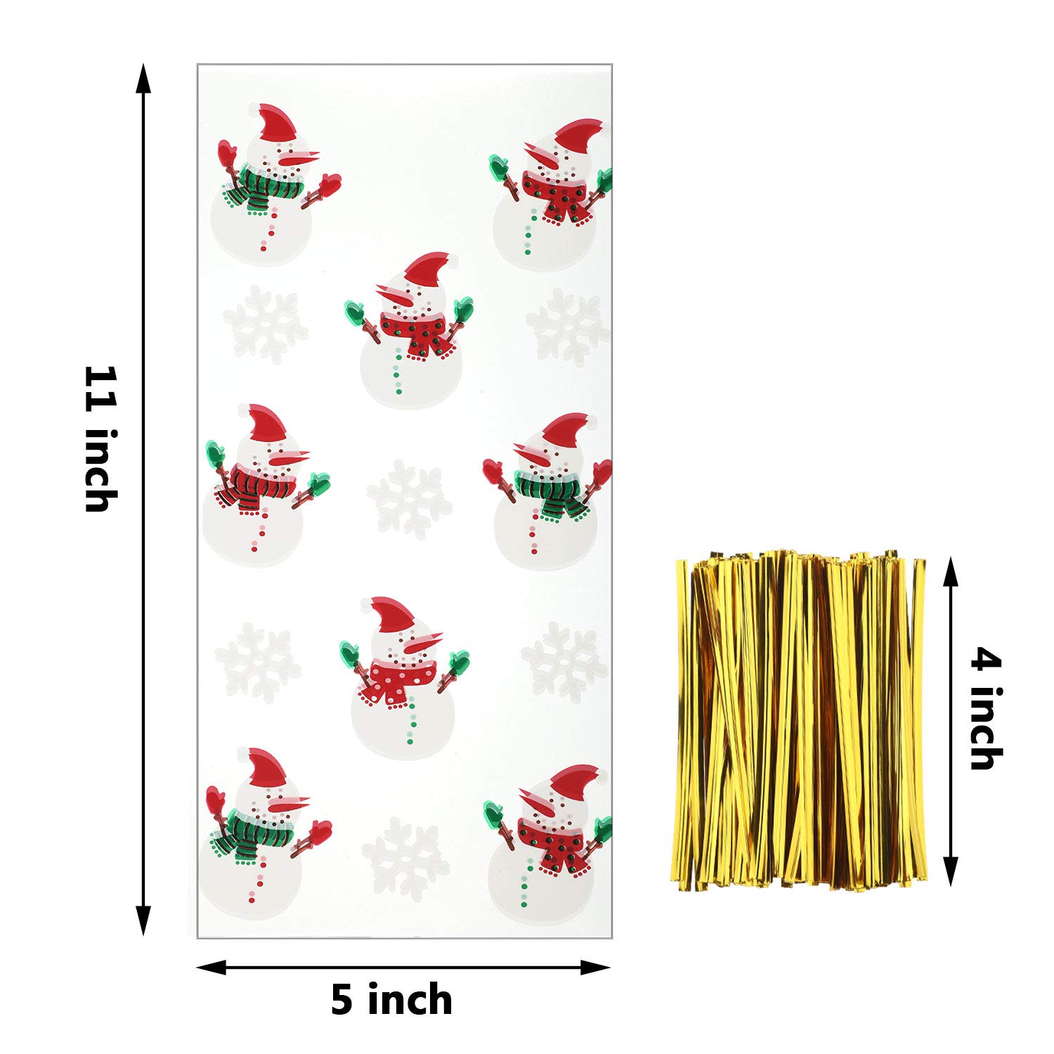 100-Piece Christmas Cellophane Gift Bags with Snowman Design - Includes 150 Twist Ties for Holiday Treats, Candy & Party Favors - Perfect for Christmas Parties, Gift Wrapping & Holiday Celebrations