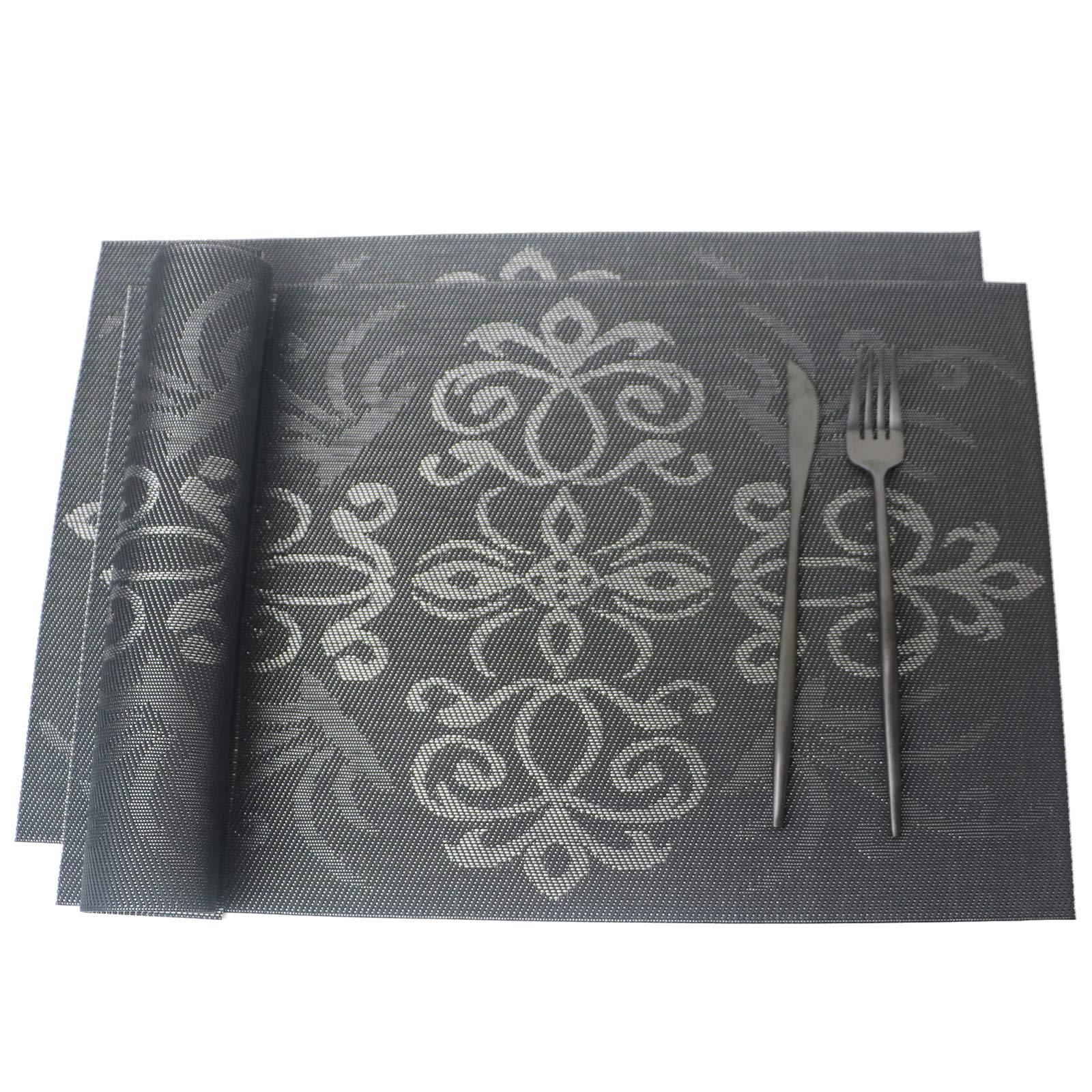 JASHII Set of 6 Rectangle Royal PVC Table Placemats - Woven Vinyl Waterproof Dining Mats for Kitchen & Restaurant (Black) | Elegant Table Setting for Dinner Parties & Daily Meals
