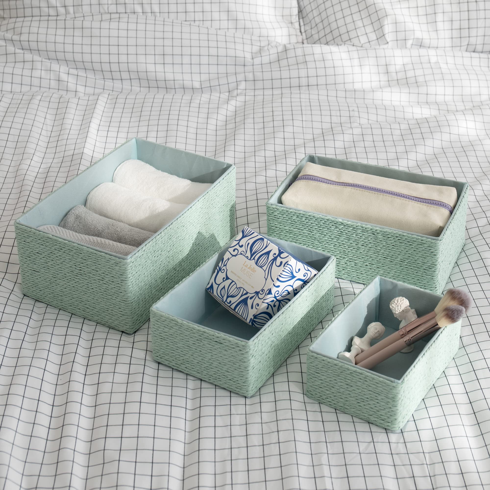 LA JOLIE MUSE 4-Piece Stackable Woven Storage Basket Set - Natural Paper Rope Bins for Makeup, Closet, Bathroom & Bedroom Organization (Light Green) | Perfect for Home Decor, Nursery Storage & Laundry Room Essentials