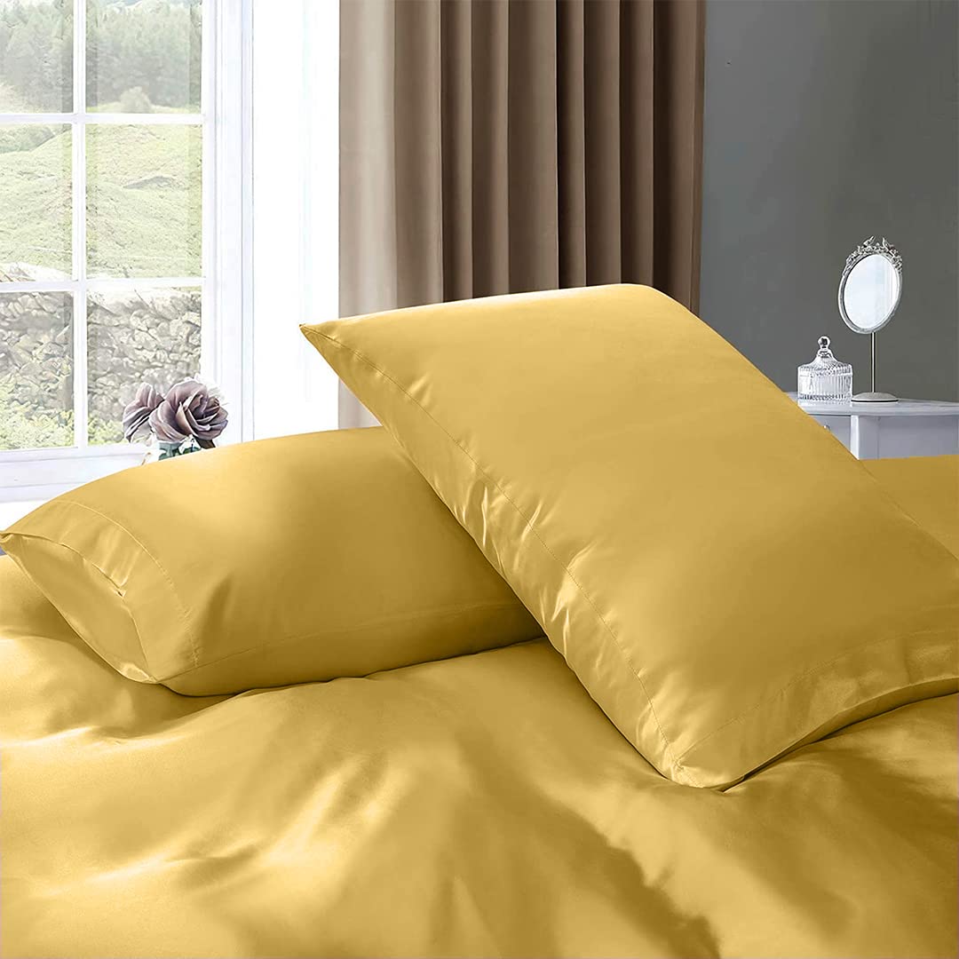 Luxury 7-Piece Silk Satin Sheet Set - Twin Size Deep Pocket Cooling Bedding - Wrinkle-Free Hotel Quality Duvet Cover & Pillowcases - Breathable Comfy Gold Bed Sheets for Home, Guest Room & Spa Retreat