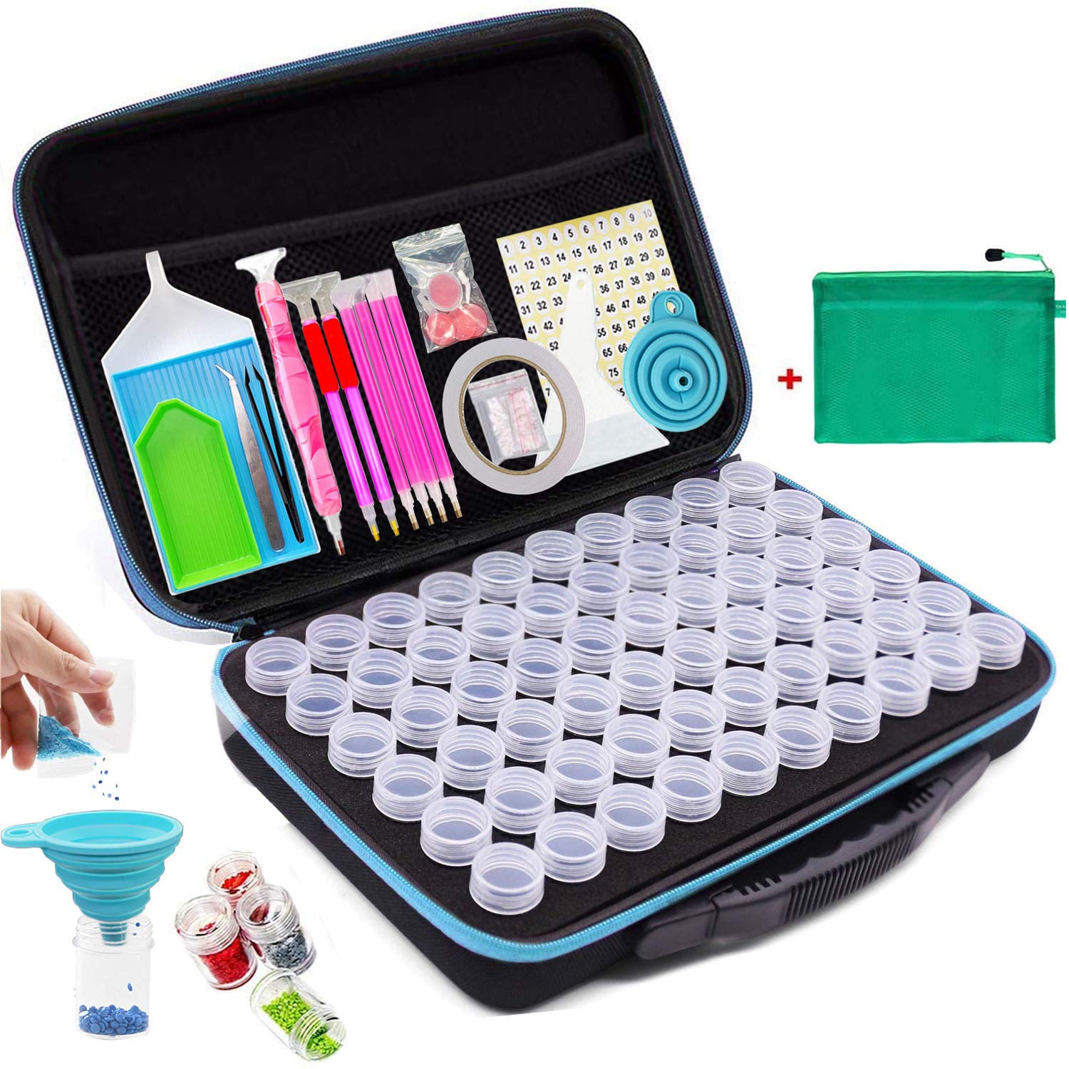 CACIHOM 60 Grids Diamond Painting Storage Container with 60 Bottles - Round Double Zipper Carry Case for Diamond Art Kits - Perfect for DIY Crafts, Home Decor & Travel Organization