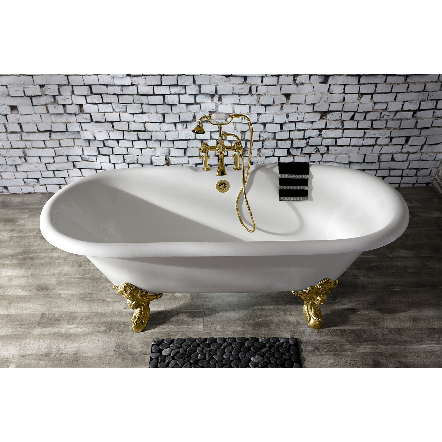 Aqua Eden 72 Inch White Cast Iron Clawfoot Bathtub with Polished Brass Feet - Double Ended Oval Freestanding Soaking Tub (7 Inch Faucet Drillings) for Vintage Bathroom & Luxury Spa Retreat