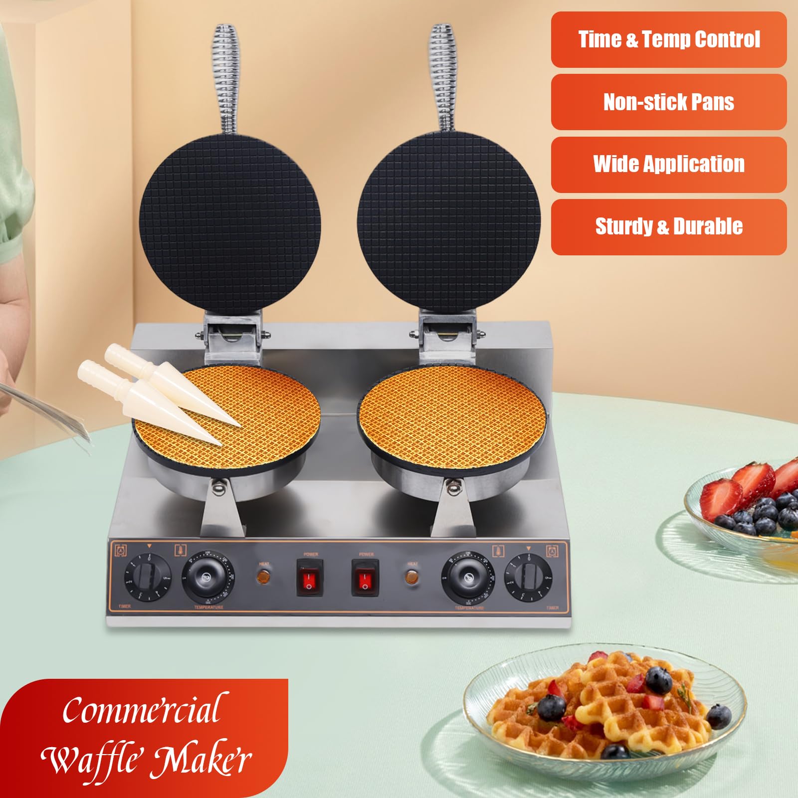 1200W Electric Waffle Maker Machine - Nonstick Dual Heating Pans for Perfect Ice Cream Cones, Muffins & Waffles - 110V Commercial & Home Use - Ideal for Restaurants, Bakeries, Dessert Shops & Family Breakfast