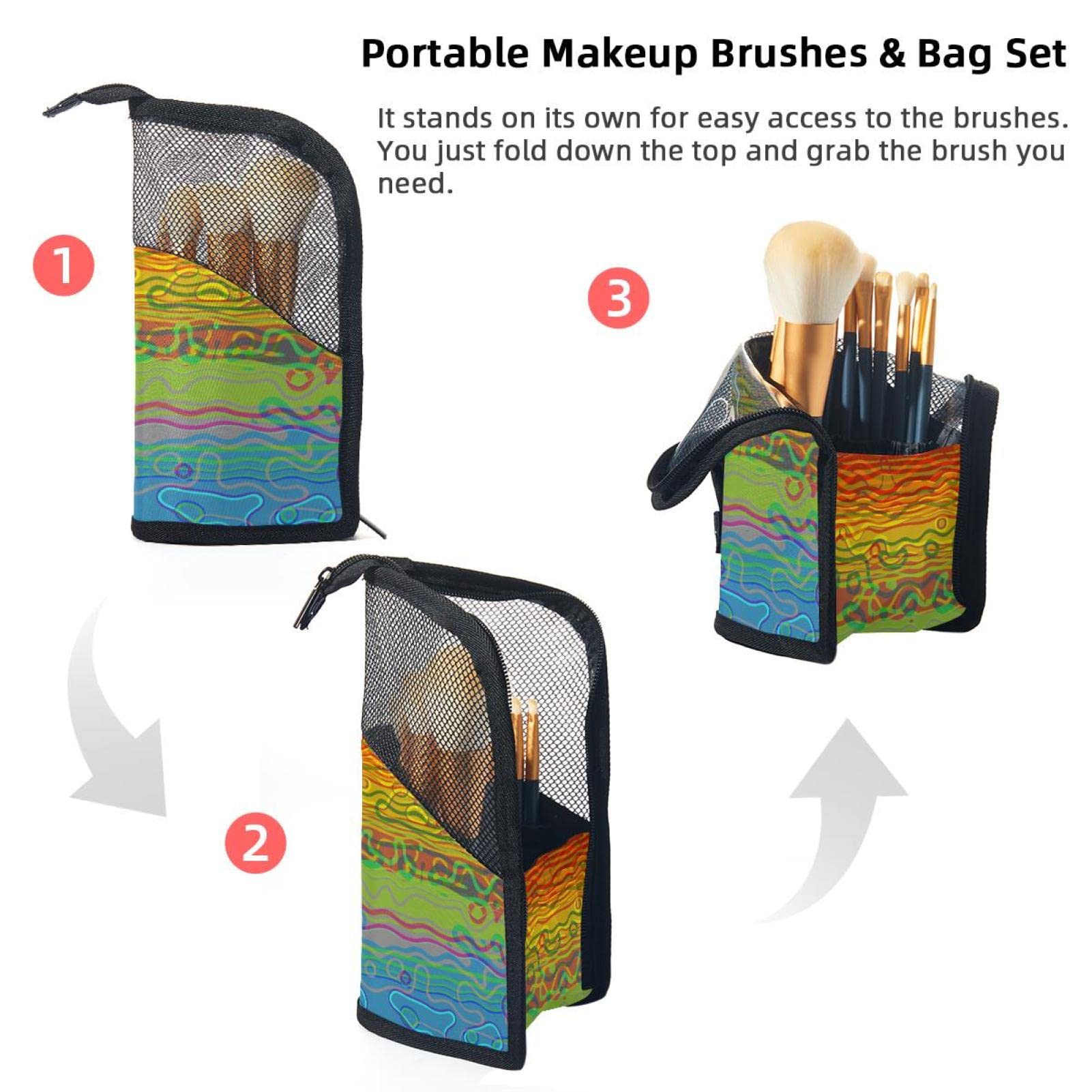12-Piece Makeup Brush Organizer Bag with Colorful Stripes - Portable Travel Cosmetic Brush Holder Case for Professional Artists & Beginners (Perfect for Travel, Home Vanity & Salon Use)