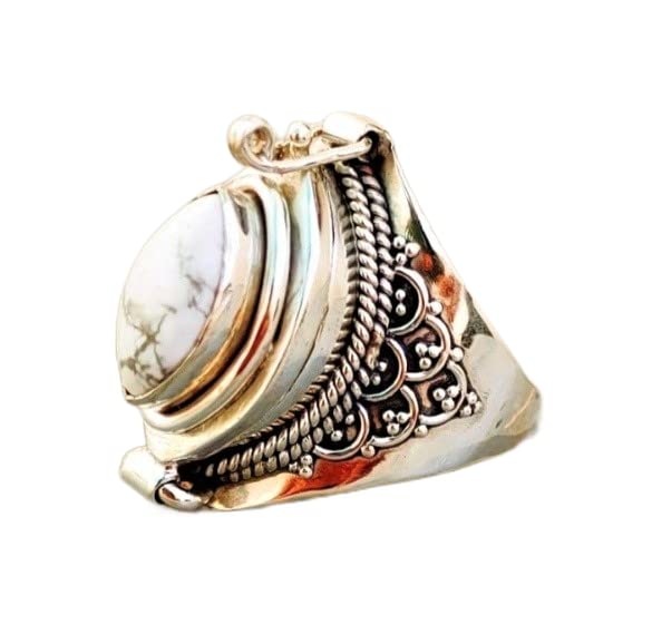 White Howlite Poison Ring with Marquise Stone - Handmade Openable Secret Stash Jewelry | Perfect for Gift Giving, Cosplay & Steampunk Fashion Accessories