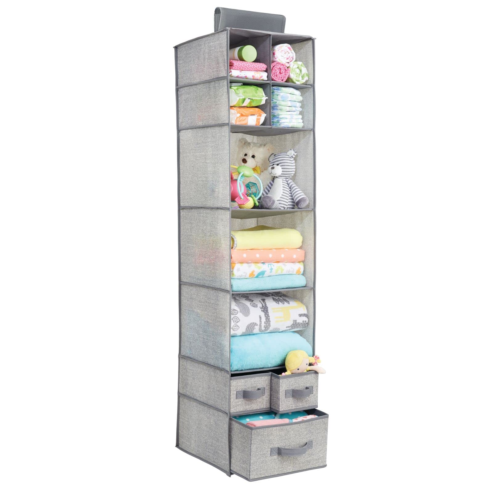 Fabric Hanging Organizer with 7 Shelves & 3 Drawers - Gray 2 Pack for Closet & Nursery Storage