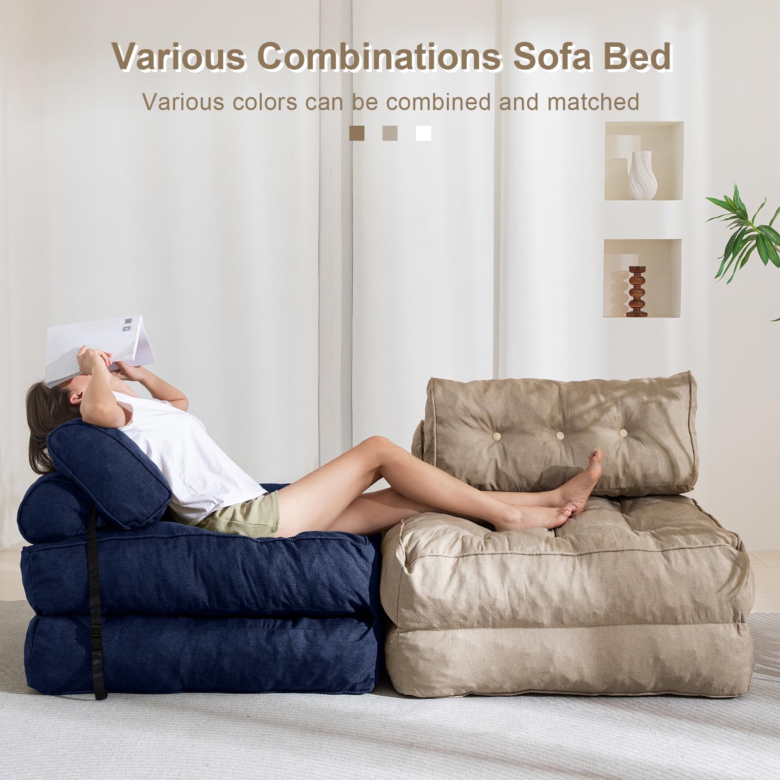MAXYOYO Folding Couch Sofa Bed - Convertible Sleeper Chair with Back Support & Pillow, Navy Blue - Perfect for Small Spaces, Guest Rooms & Apartments
