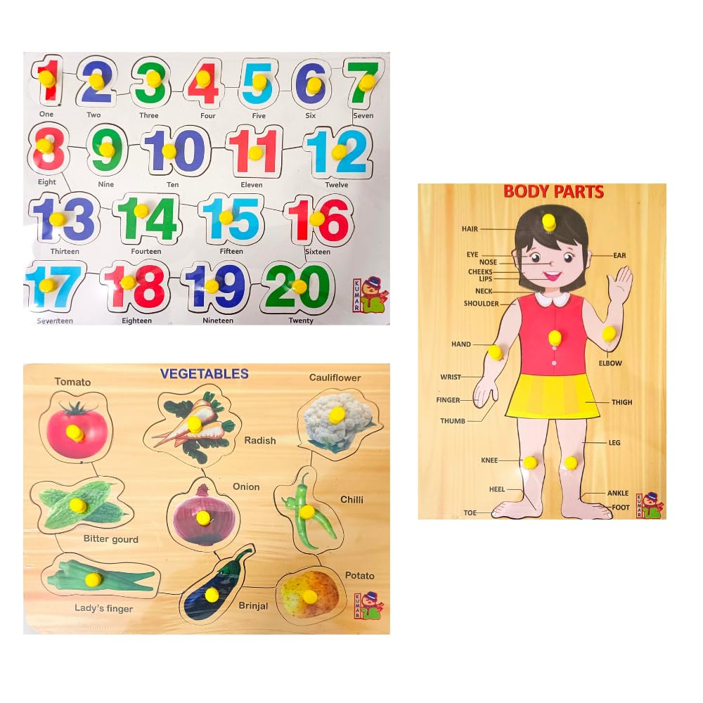 Combo of 5 Wooden Learning Boards for Kids & Adults - Educational Wooden Puzzles for Toddlers 3+ (Domestic Animals, Fruits, Vegetables, Numbers 1-20, Body Parts) - Perfect for Homeschooling, Preschool Learning, and Family Bonding Activities