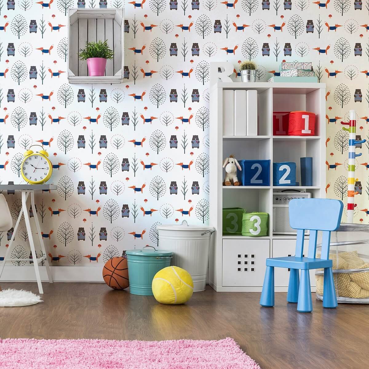 Blue and Orange Animals Baby Peel and Stick Removable Wallpaper - Self-Adhesive Nursery Decor for Kids Room, Bedroom, Playroom