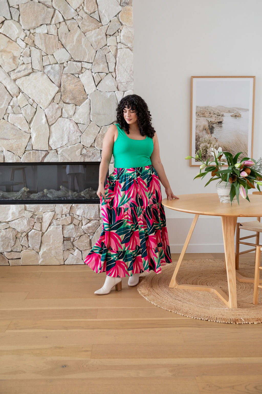 Carrie Skirt in Jungle Pink - Women's Floral A-Line Midi Skirt with Pockets | Perfect for Spring Outfits, Office Wear & Casual Dates