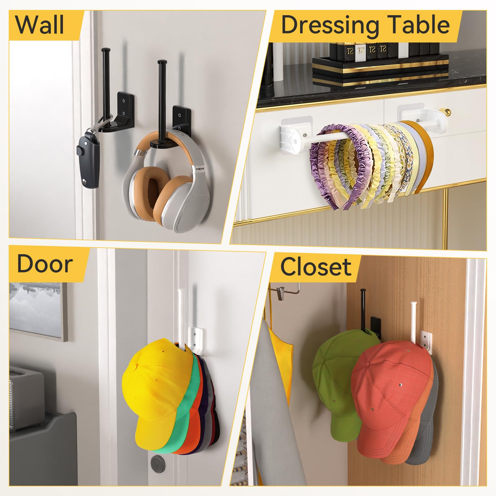 4 Pack Baseball Cap Organizer - Wall Mount Hat Rack Storage for Closet | Space-Saving Hat Holder with Adhesive & Drill Options (Black) | Perfect for Bedroom, Garage & Entryway Organization