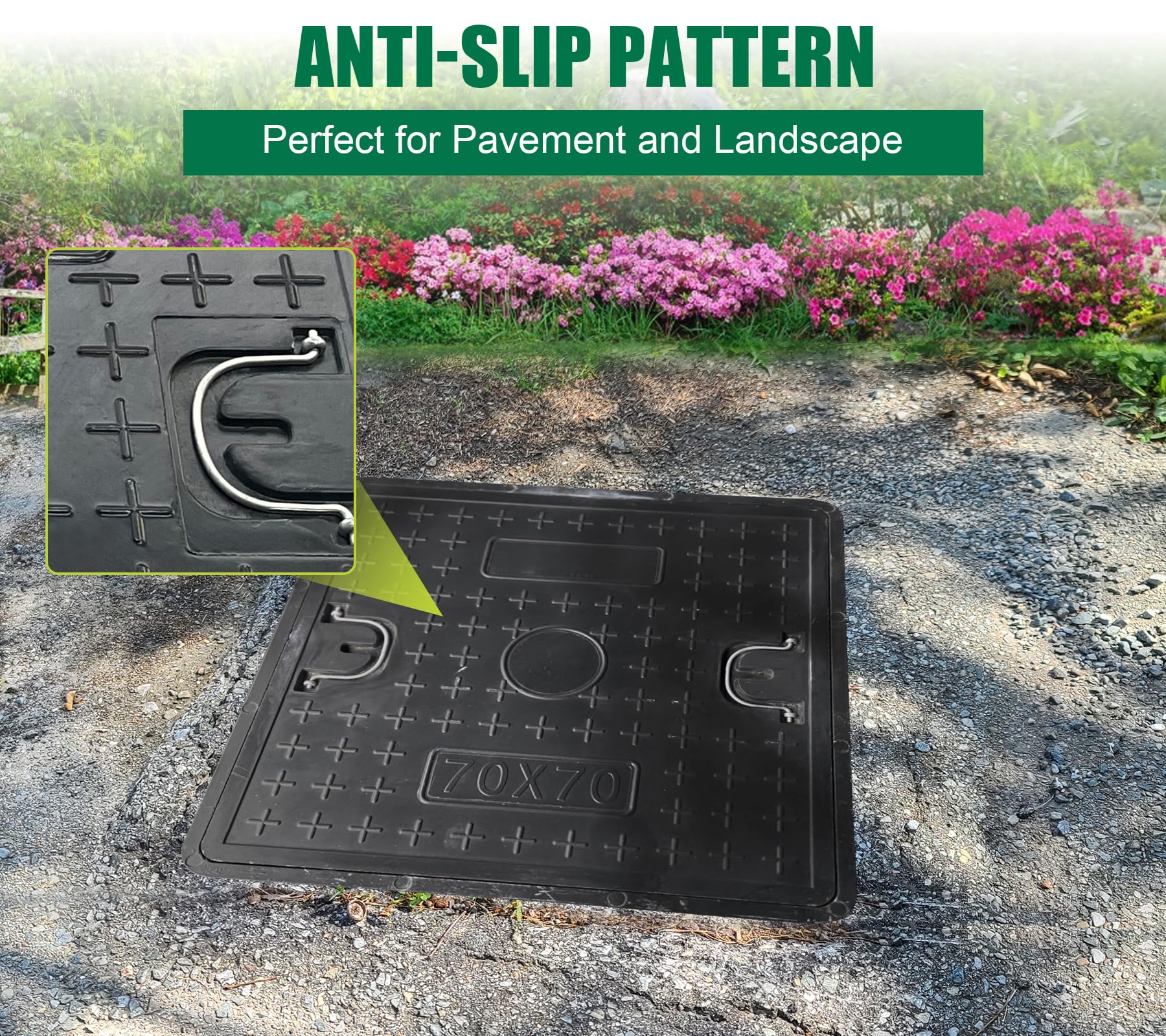 28x28in Fiberglass Square Manhole Cover and Frame - 24x24in Recessed Solid Top Cover with 21.5in Clear Opening - Non-Slip Reinforced Sewage Basin Cover with Handle for Septic Tanks - Ideal for Residential, Commercial, and Municipal Drainage Systems