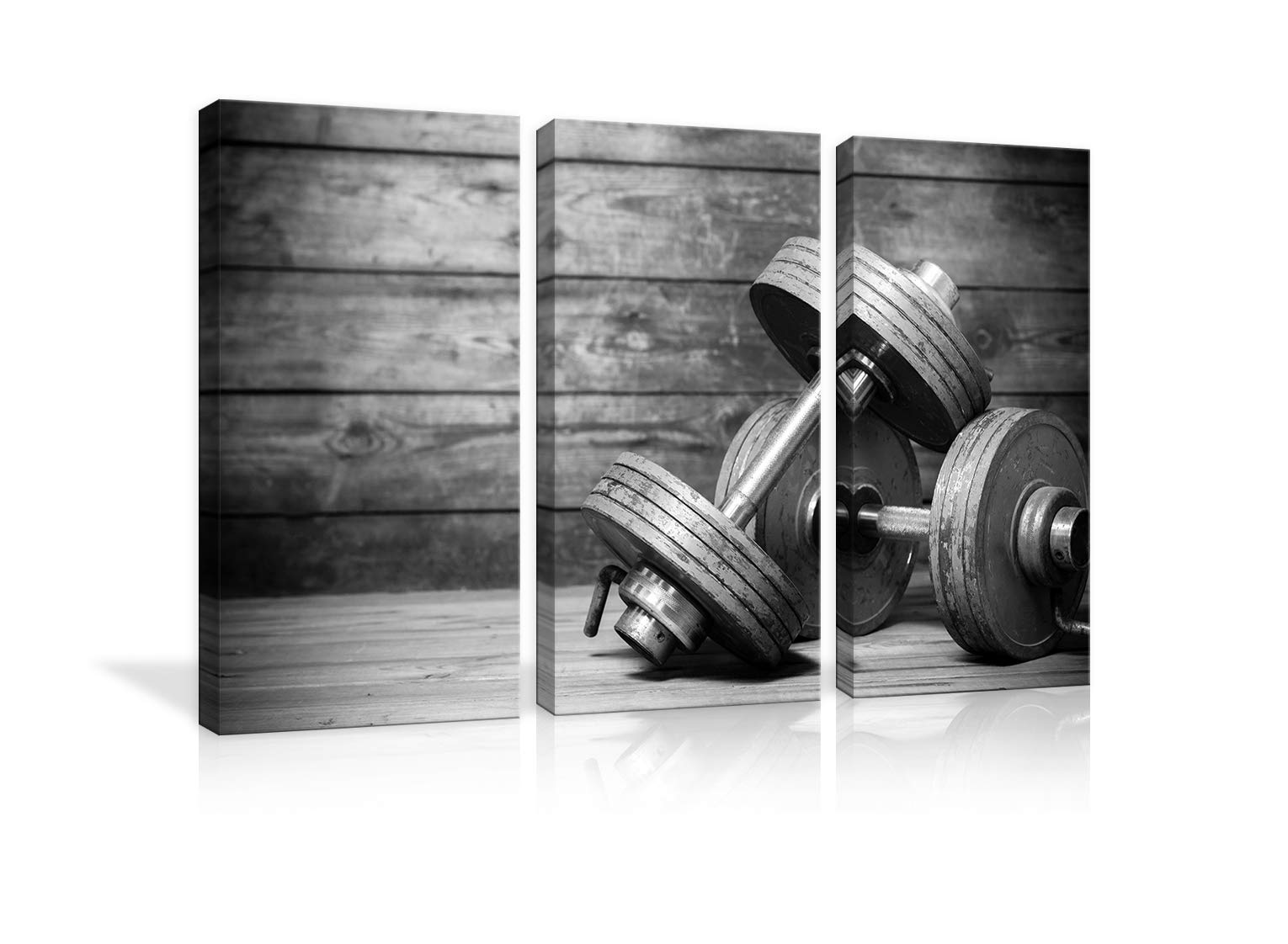 Vintage Dumbbells Canvas Wall Art - Black and White Fitness Bodybuilding Gym Decor - 3 Panel Modern Gym Posters & Prints - Framed Ready to Hang - Perfect for Living Room, Bedroom, Home Gym & Office Decor