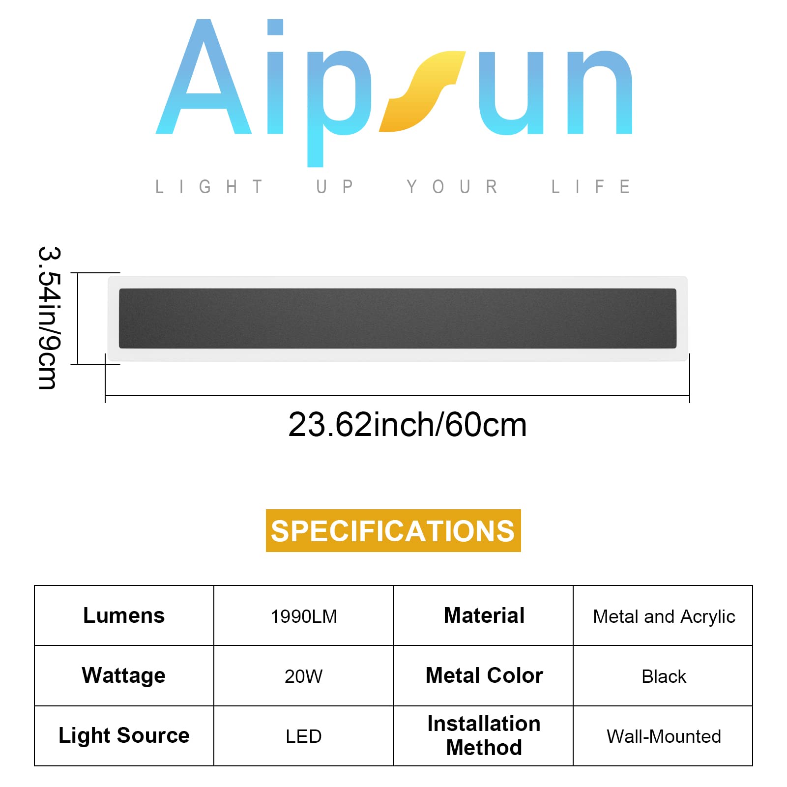 Aipsun 2 Pack 23.6 Inch Black Outdoor LED Wall Sconce - Modern Porch & Patio Lighting with 3000K Warm White Light - Waterproof Exterior Wall Lights for Living Room, Garage, Bathroom, Garden & Entryway