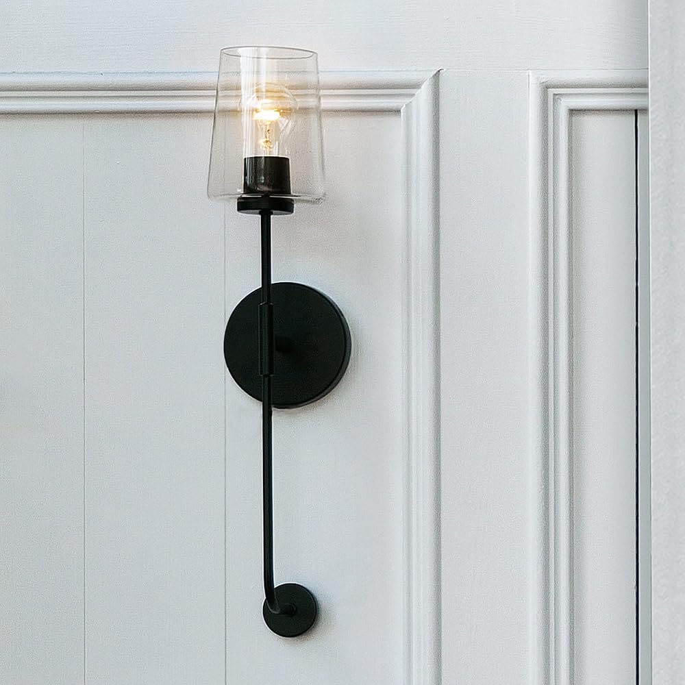 Lark Kline 83450BK Modern Black Wall Sconce - Minimalist Tall Single Light Fixture with Tapered Clear Glass Shade for Bedroom, Living Room, Hallway Lighting