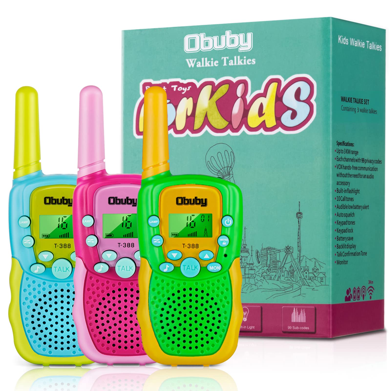 Obuby Kids Walkie Talkies 22 Channels 2 Way Radio with Backlit LCD & Flashlight - 3KM Range Outdoor Toys for Boys & Girls Ages 3-12 - Perfect for Hiking, Camping, Backyard Adventures & Family Outdoor Activities