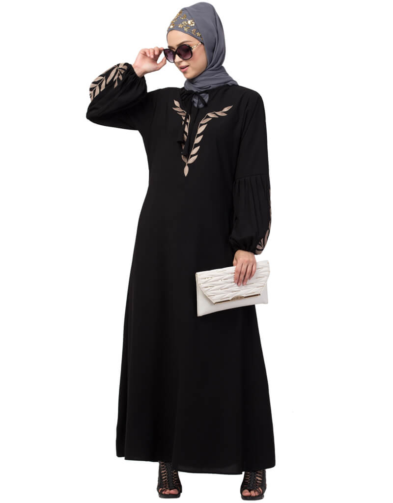 Elegant Arabic Front & Sleeve Resham Embroidered Balloon Sleeve Abaya Dress - Black | Modest Islamic Clothing for Prayer, Eid & Special Occasions