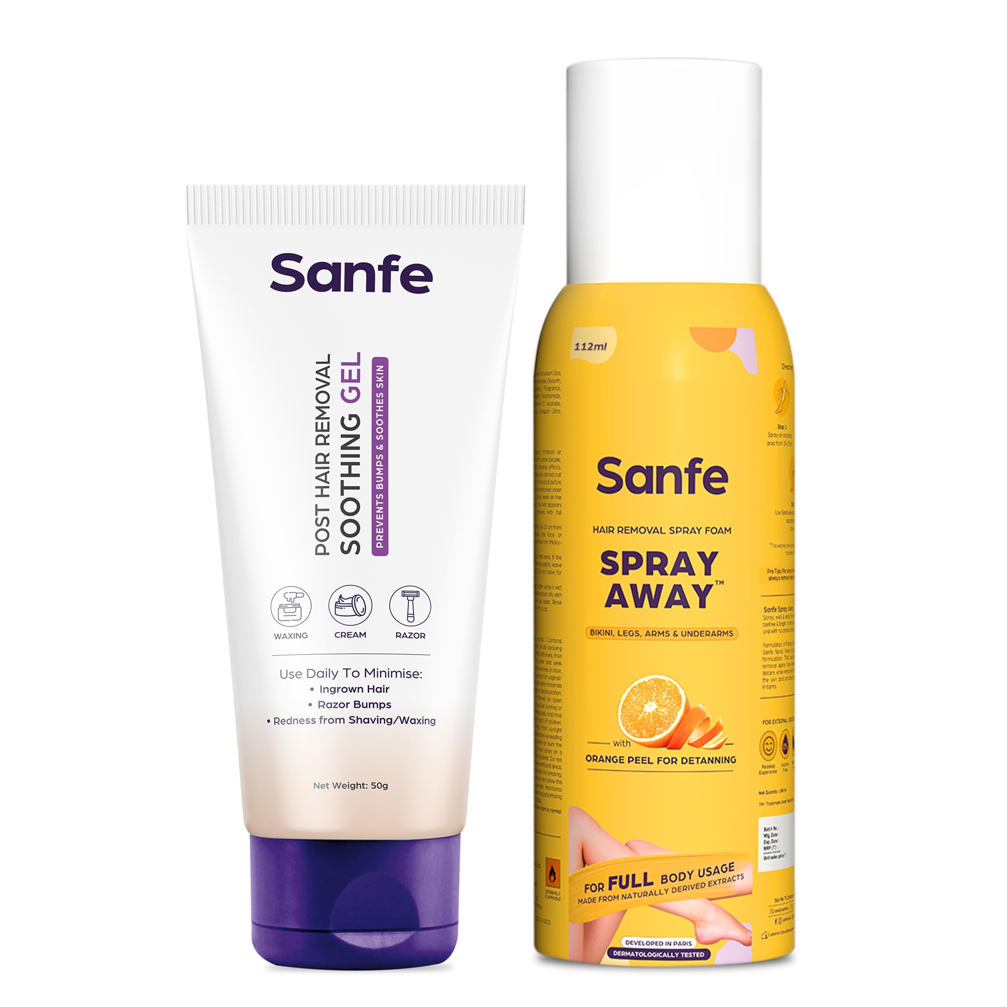 Sanfe Painless Hair Removal Kit with Spray Cream (112ml) & Soothing Gel (50g) - Fast 10-Minute Hair Removal for Chest, Legs, Arms & Underarms | Dermatologist Tested | Skin Detan & Smoothing | Perfect for Pre-Vacation Prep & Summer Ready Skin