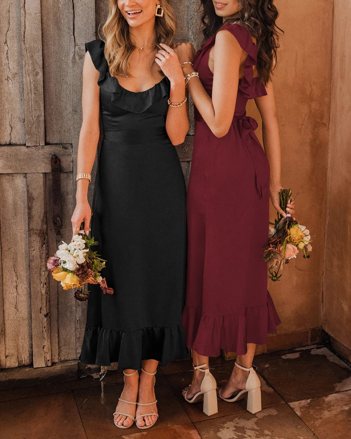 Houstil Women's Summer Wrap Maxi Dress - Ruffle Satin Sleeveless Tie Waist Beach Wedding Guest Bridesmaid Dresses for Vacation, Party & Special Occasions