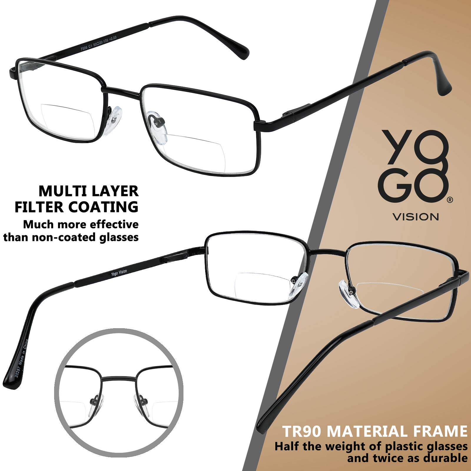 Yogo Vision Bifocal Reading Glasses 2 Pack - Metal Full Rim Rectangle Readers for Men & Women - Perfect for Reading Books, Using Smartphones & Computer Work