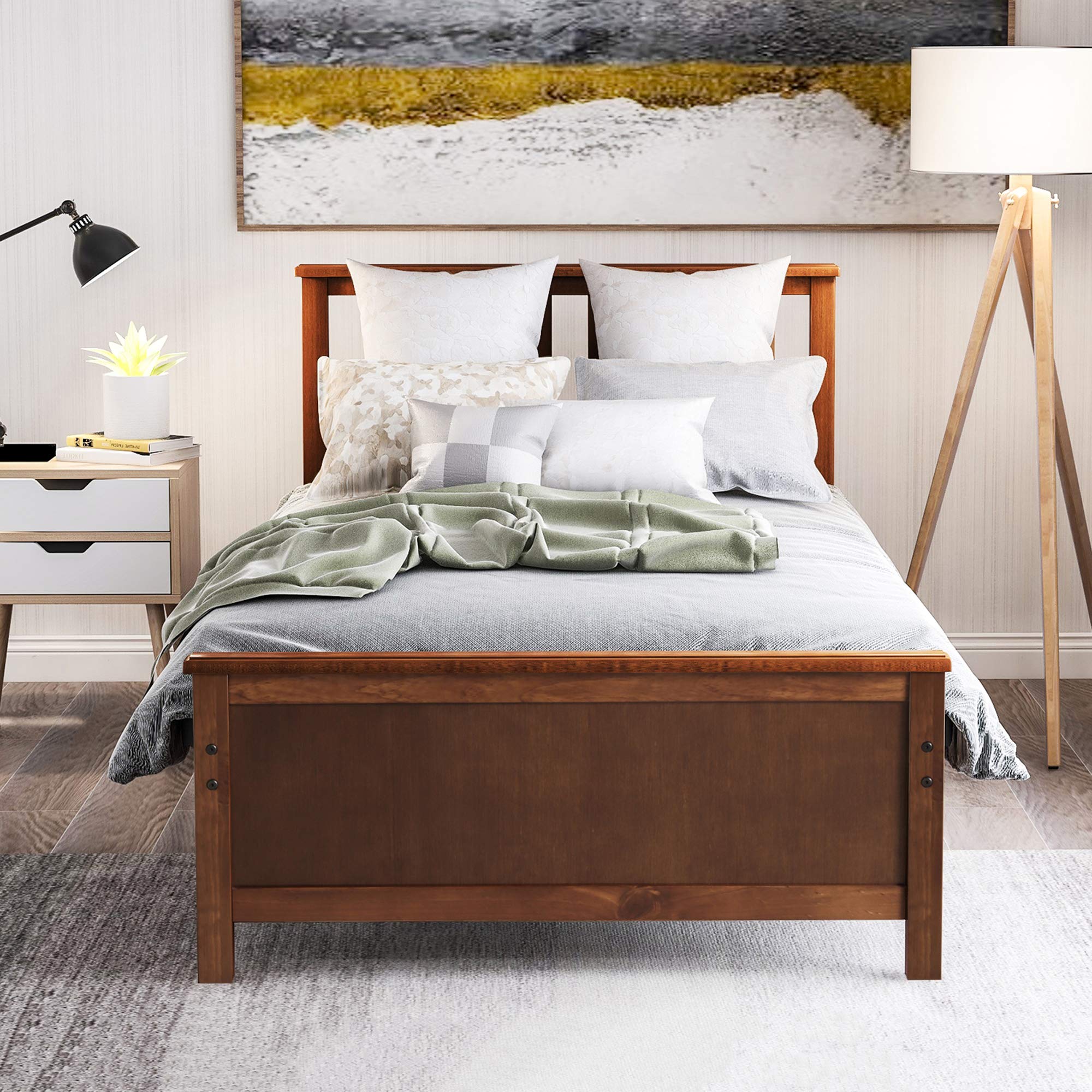P PURLOVE Twin Size Wood Platform Bed Frame with Headboard & Footboard - Sturdy Wood Slat Support, No Box Spring Needed - Walnut Finish - Perfect for Small Bedrooms, Dorms & Guest Rooms