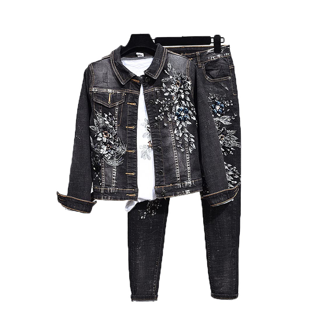 Women's Beaded Floral Denim Jacket & Jeans Set - Stylish Two-Piece Streetwear Outfit for Casual Wear, Parties & Fashion Events