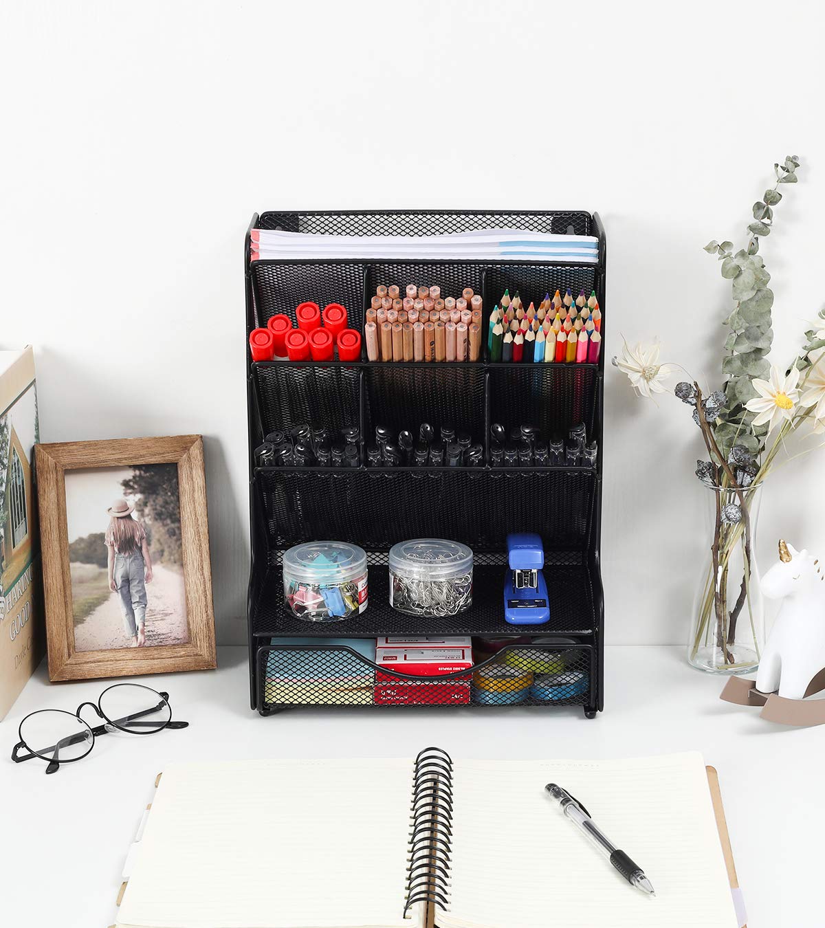 PAG Metal Mesh Desk Organizer with 9 Compartments & Drawer - Black Office Supplies Storage Caddy, Wall Mountable Pencil Holder for Kids - Perfect for School, Home Office & Workspace Organization