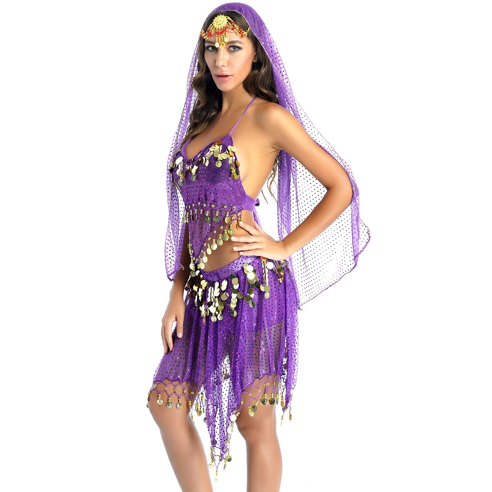 Women's Belly Dance Costume - Indian Bollywood Sequin Skirt & Shiny Top Set for Performance, Cosplay, Halloween & Party Outfits