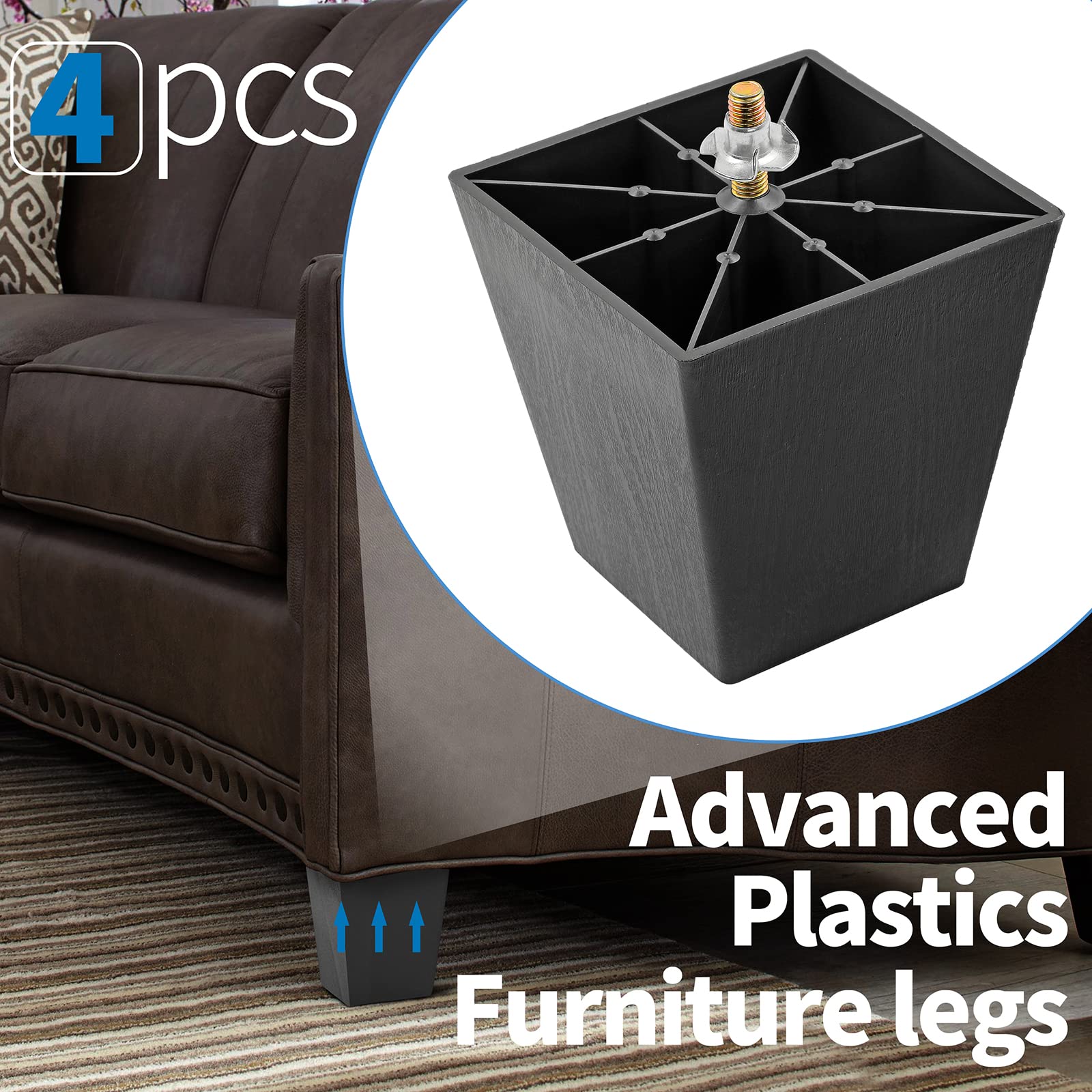4 Inch Black Plastic Square Furniture Legs - Set of 4 M8 Mid Century Modern Sofa Feet for Couch, Armchair, Bed, Cabinet & Desk - Durable Replacement Legs for Home & Office Furniture