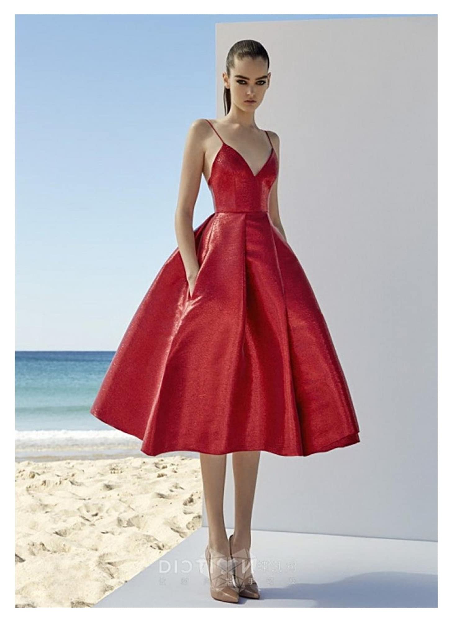HAKAESR Women's Sexy Red Evening Dress - Tea Length Strappy V-Neck Prom Dress for Weddings & Special Occasions (Color: Red, Size: 14W) | Perfect for Cocktail Parties, Date Nights & Formal Events