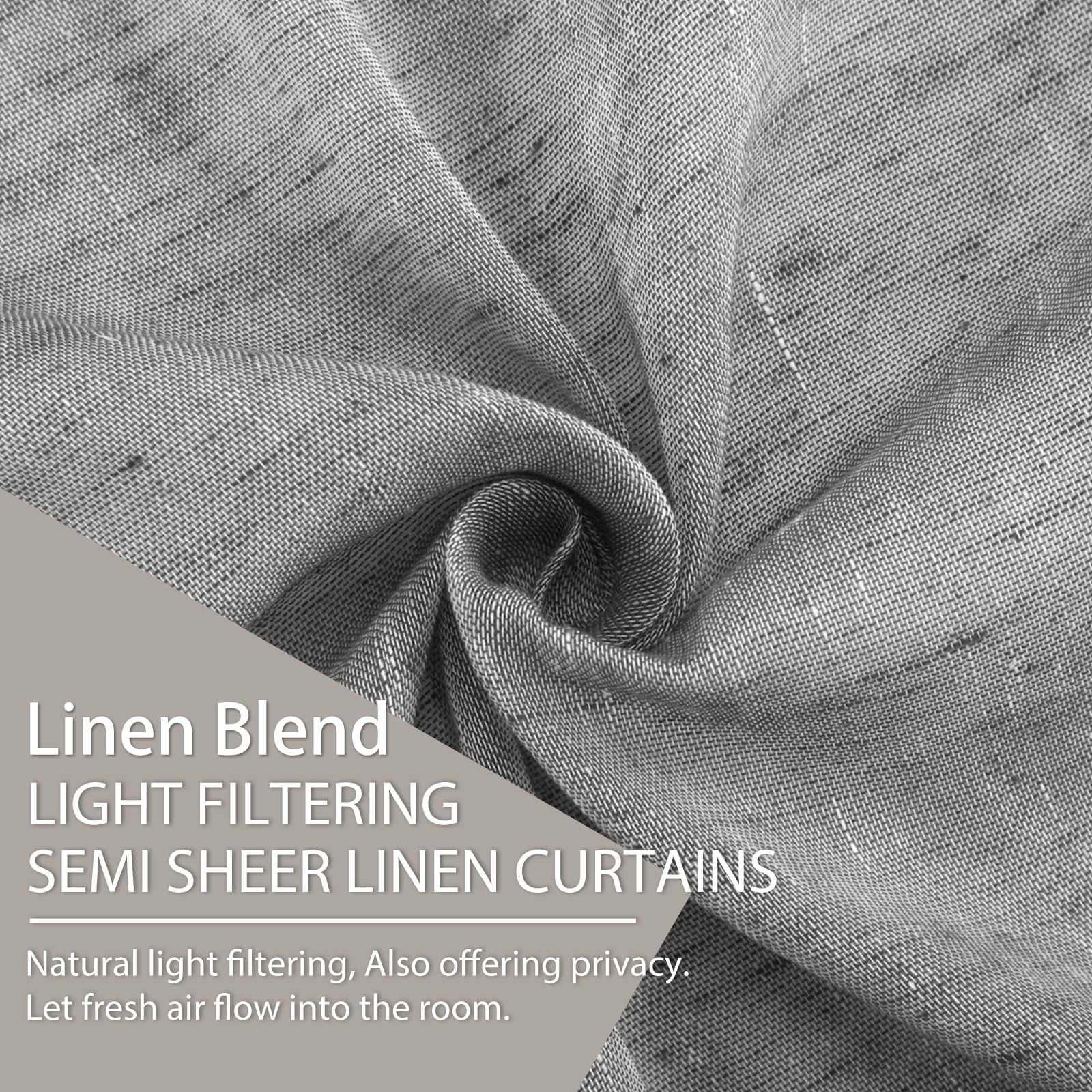 LOYOLADY Grey Linen Curtains 102 Inches Long - 2 Panels Set, Semi-Sheer Window Drapes for Bedroom & Living Room, 72