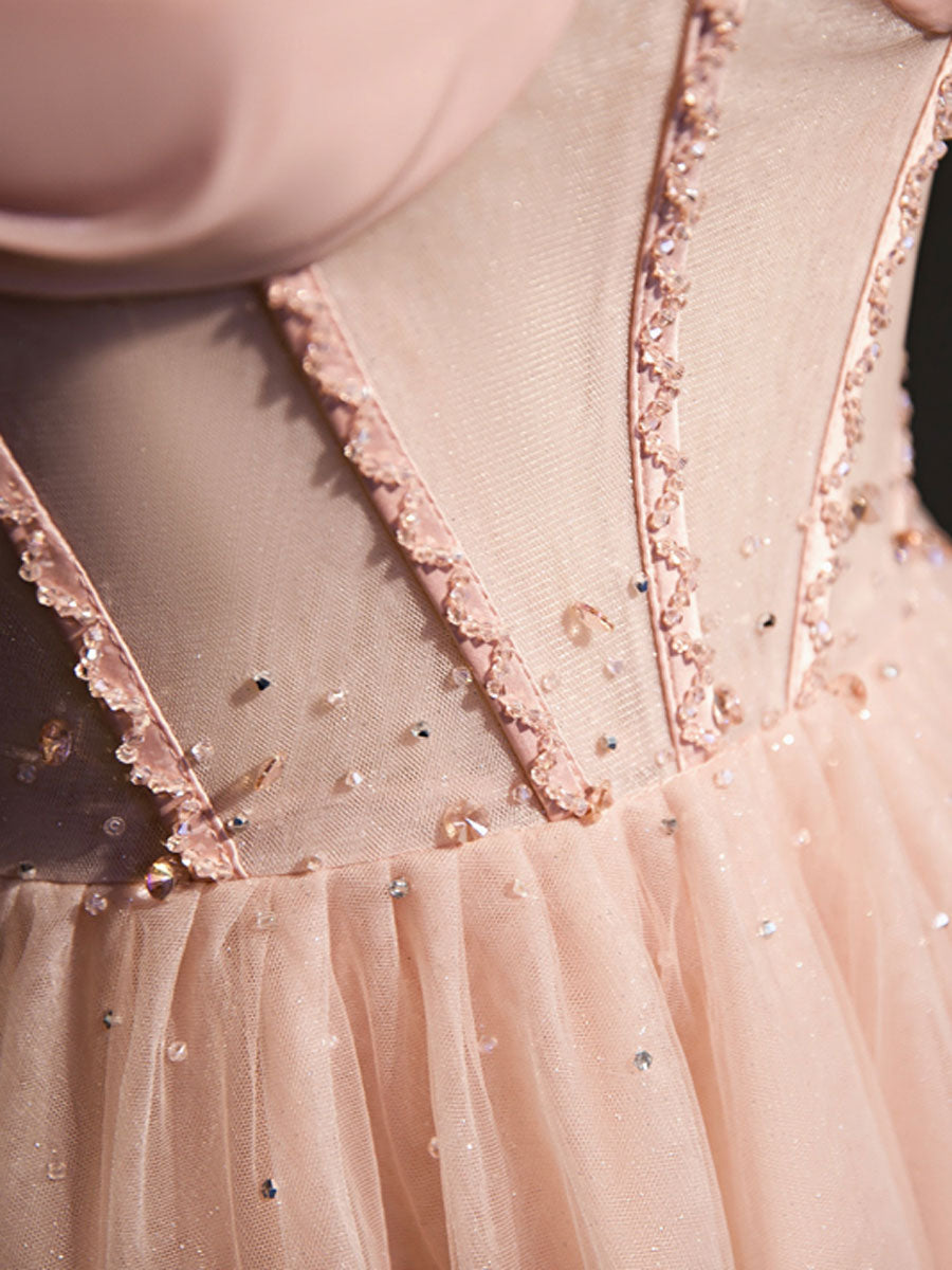 Elegant A-Line Pink Long Prom Dresses with Beading - Sparkly Tulle Formal Graduation Gowns for Women | Perfect for Homecoming, Quinceañera & Special Occasions